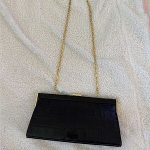 Monsac Black Croc-Embossed Chain Clutch with Gold Hardware